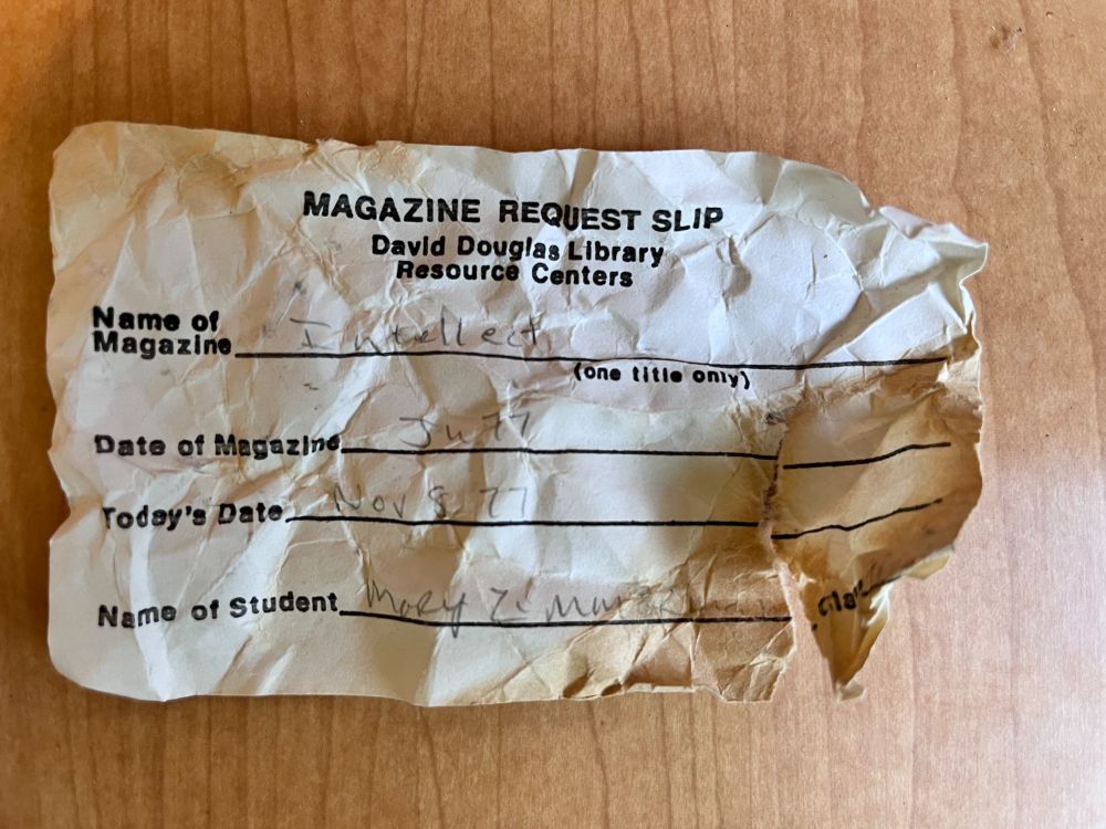 A Magazine Request Slip from Nov. 8th 1977 for the David Douglas Library Resource Centers