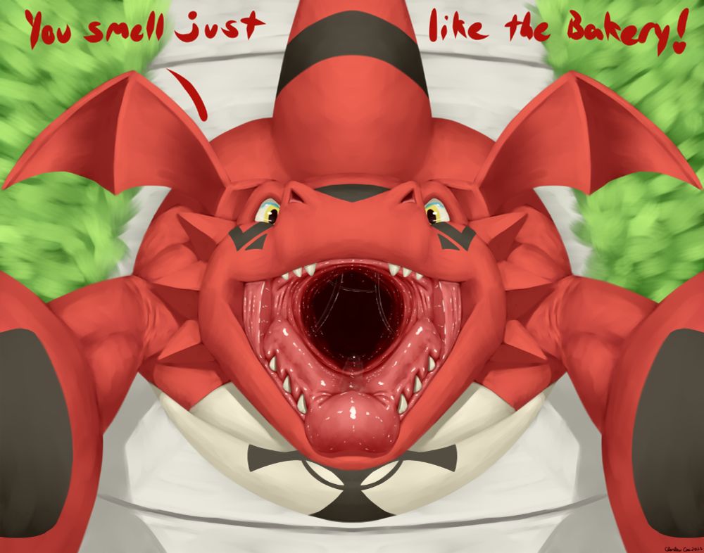 A view looking down at a guilmon whom is holding the viewer above them. Their head facing upwards towards the viewer. Their wet maw open widely and their tongue reaching outwards. Their deep throat gaped open. They say, "You smell just like the Bakery!" as they begin to lower the viewer down into their maw. Down below is a sidewalk the guilmon is standing on that is framed by grass.
