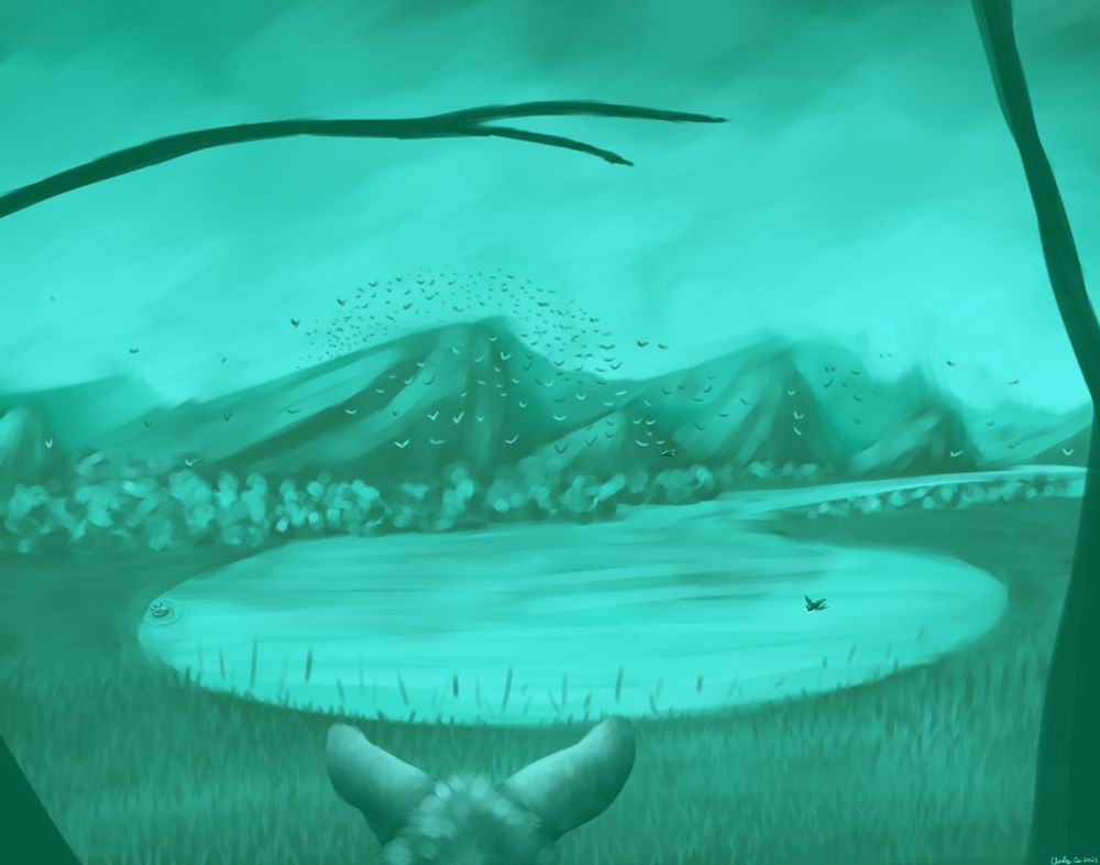 A teal monochrome landscape featuring a misty evening with a mountain range on the horizon, a forest below, and a lake in the center of the landscape. A river flows from the mountains range and down into the lake coming from the right side of the painting.  Shot grasses come from the foreground and to the edge of the lake. Two trees frame the painting from the foreground and a bats head can be seen peeking up to look at the landscape ahead. A swarm of bats come from the mountain range and towards the lake. One bat swooping down to get a sip of water. Off to the side at the left end of the lake a monster's head with curved horns can be seen above the water's surface. A small towel folded and sitting on top of their head as they cool off in the water.