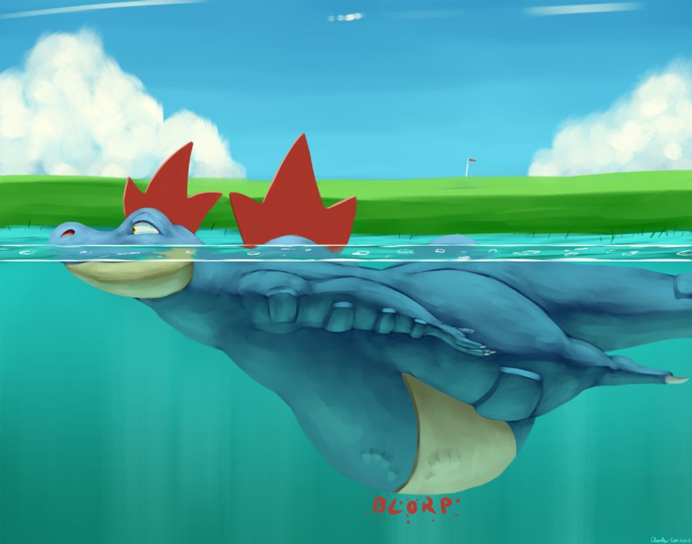 A side view of a large Feraligatr swiming in a golf lake along the surface. behind them is the flat land of the golf course along with some large clouds in the blue sky and a golf flag pole.  They have a happy expression on their face as the cruise along the water's surface. Below the water's surface the Feraligatr's large belly drags along. Two faint handprints can be seen pressing outwards from within as the person inside squirms about as the belly makes a "blorp" noise.