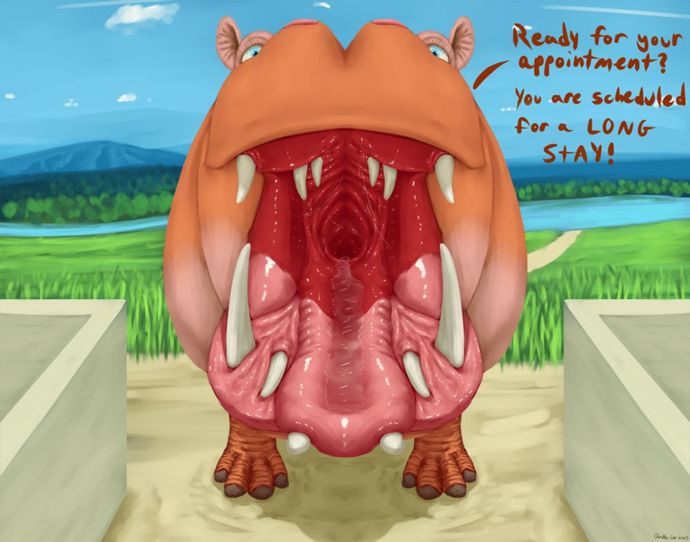 A view of a large reddish orange and pink hippo standing in front of the viewer. To their sides is a walkway fence that leads of a large grassy areas with a lake and a river. A treeline can be seen past the lake along with some rolling hills and a mountain range. A few clouds dot the blue sky.  The large hippo in front has their wet pink maw wide open. Their chunky tongue sticking out and resting on a set of tusks.  Their large throat gaping open waiting as they say, "Ready for your appointment? You are scheduled for a long stay!"
