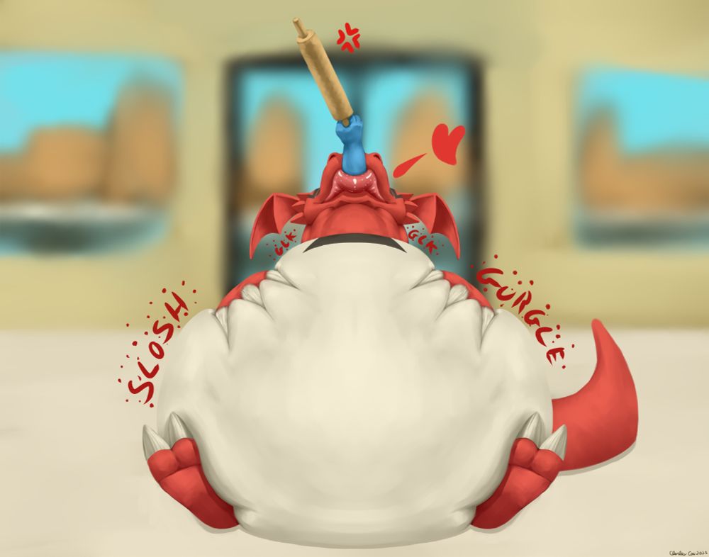 A front view of a guilmon sitting in the middle of a bakery. Their large and stuffed belly is splayed on the floor between their legs. Their hands are squishing into the top of their belly causing gurgling and sloshing noises. Their head peeking above the belly and raised upwards. Sticking out of their maw and being slurped with their their wide tongue the end of a blue arm pokes out. The hand angrily grasping at a wooden rolling pin as they are swallowing down with wet "glks". Behind the guilmon is a blurry background of the entrance of the bakery with two windows and a double glass door.