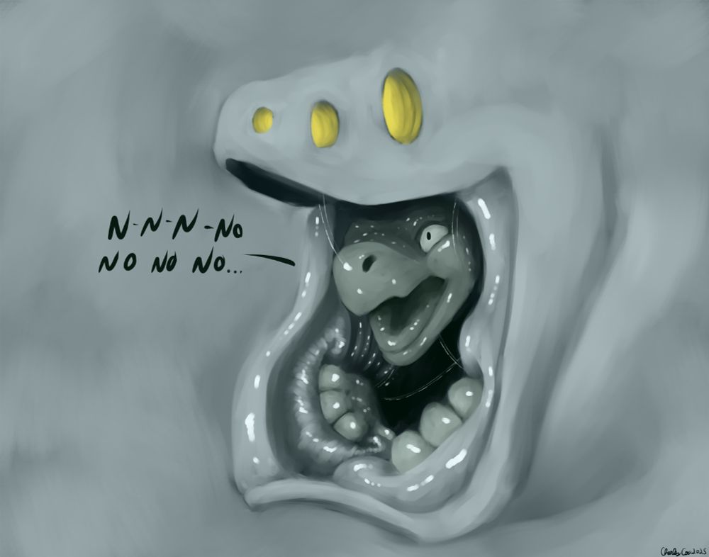 A portrait of a fog monster's eel like face with hollow yellow glowing eye sockets. The base of their head and part of their neck merge with the surrounding dense fog. Their maw wide open showing a smaller lizard within. They are using their hands to press against the soft maw to no effect as their head sticks out with a panicking expression. They say, "N-n-n-no no no no..." as they slip further into the monster's throat.