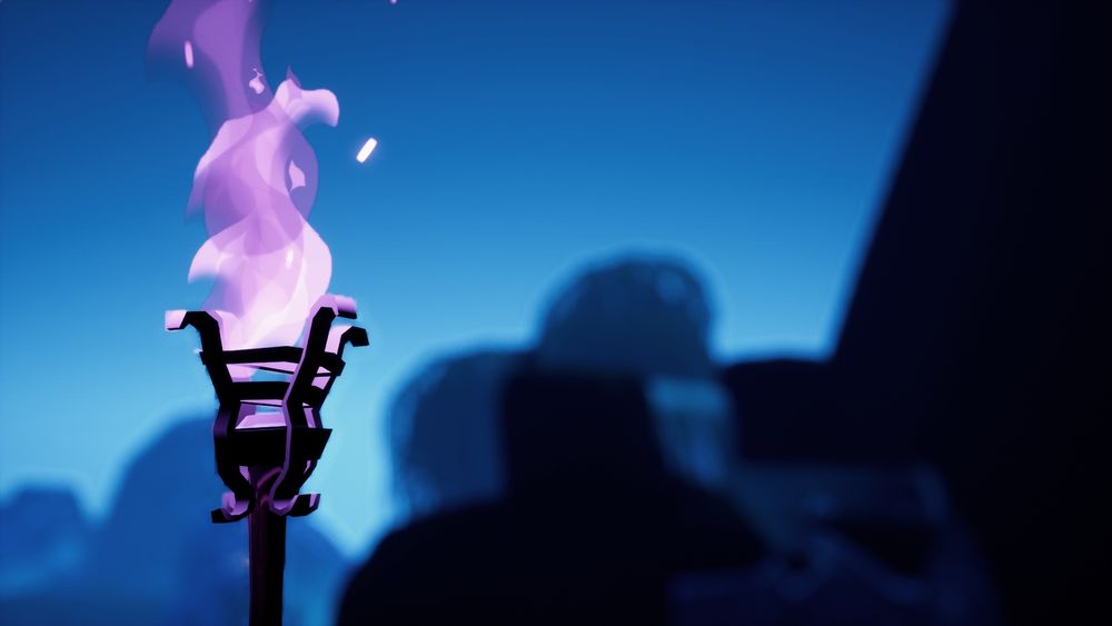 A screenshot from the Forgotten Eras demo developed by Behind the Hump Studio.

A lonely torch atop a mountain burns brightly against the shadowy mountaintops. The mountain is mostly silhouetted and out of focus, while the main focus of the shot is placed on the torch. 