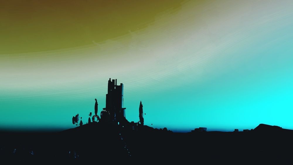 A silhouette of an unknown alien temple on a planet's horizon. The looming glow of a planet hangs behind it to light the scene.