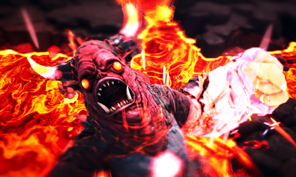 A screenshot from the video game GigaBash developed by Passion Republic Games.

Gorogong, a rocky kaiju with two horns and two large fists, roars into the air as it's engulfed by the lava of a volcano. Its glowing eyes look at the viewer while its fist start to radiate with energy, lighting them up.