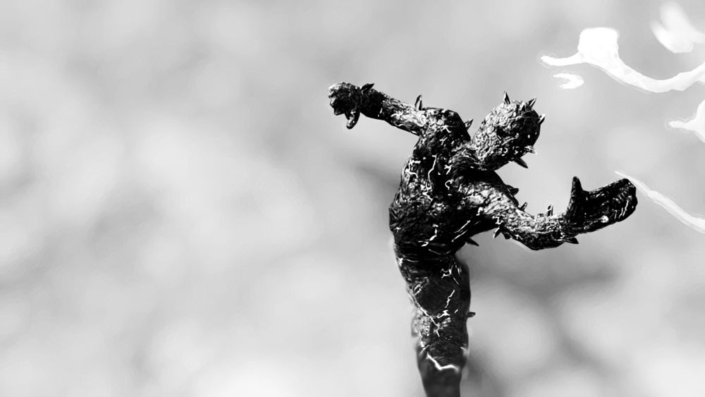 A screenshot from the video game Fallout 76. A petrified husk is seen in the water, raising its arm into the air in horror. It is a hollow shell made of irradiated debris. The photo is taken in black and white.