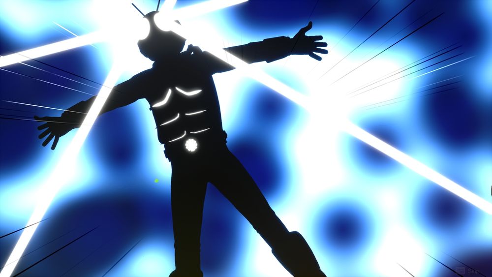 A screenshot from a modded copy of Dragon Ball: Sparking! Zero. 

Kamen Rider Takeshi Hongo, the first hero of the titular tokusatsu tv series, dives from the sky. His arms are spread out, while his eyes shine bright lights that spread across the screen. He is set against a blue background.