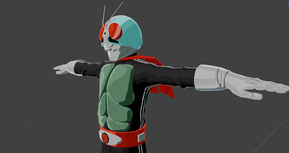 A screenshot taken in Blender featuring the old Kamen Rider mesh. The mesh is t-posing.