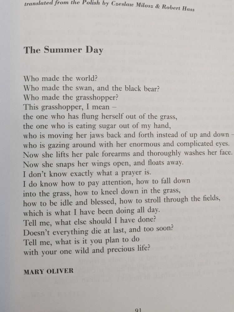 The Summer Day. 

Who made the world?
Who made the swan, and the black bear?
Who made the grasshopper?
This grasshopper, I mean —
the one who has flung herself out of the grass,
the one who is eating sugar out of my hand,
who is moving her jaws back and forth instead of up and down —
who is gazing around with her enormous and complicated eyes.
Now she lifts her pale forearms and thoroughly washes her face.
Now she snaps her wings open, and floats away.
I don't know exactly what a prayer is.
I do know how to pay attention, how to fall down
into the grass, how to kneel down in the grass,
how to be idle and blessed, how to stroll through the fields,
which is what I have been doing all day.
Tell me, what else should I have done?
Doesn't everything die at last, and too soon?
Tell me, what is it you plan to do
with your one wild and precious life?

-Mary Oliver