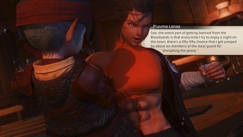 P'uuma Laana holds a lalafellin Brass Blade aloft by their collar, speaking comfortably as she rears back her fist.
"See, the worst part of getting banned from the Bloodsands is that EVERY TIME I try to enjoy a night on the town, there's a fifty-fifty chance that I get jumped by about six members of the local guard for 'disrupting the peace.'"