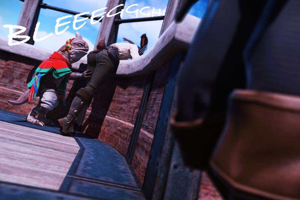 Terrha Kanatiqueli leans far over the ship’s railing, clinging to it as she tragically suffers from painful nausea. A young mamool ja attempts to comfort the seasick shetona, to little effect.
White text reading “BLEEEGGGHH” is overlaid above Terrha and the Mamool Ja Child.