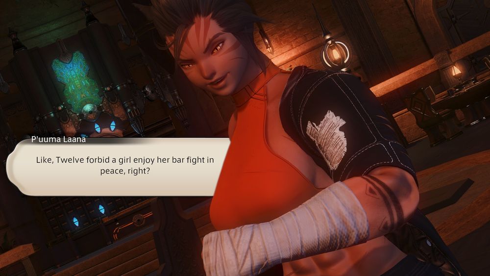 P'uuma pulls her fist back, the lalafellin Brass Blade no longer on-screen as the miqo'te woman glances down smugly, resuming her commentary.
"Like, Twelve forbid a girl enjoy her bar fight in peace, right?"
