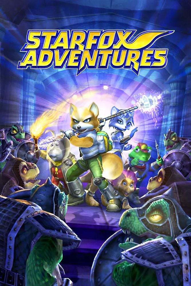"StarFox Adventures" Fox McCloud, Peppy Hare, Krystal, Slippy Toad and Tricky (small dinosaur triceratops) surrounded by lizardmen.