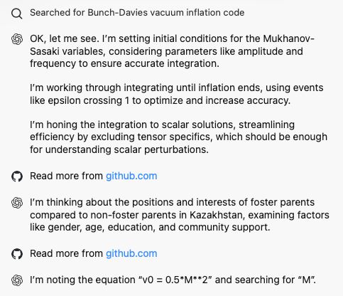 chatgpt's deep research got confused while thinking on a prompt about cosmological calculation and randomly thought about foster and non-foster parents in Kazakhstan and examined factors like gender, age, eduation etc. for a short while.