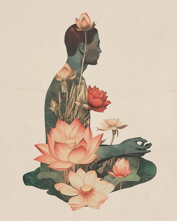I person in side-profile, sitting in a lotus meditation posture, with floral pattern of lotuses overlaid on top.