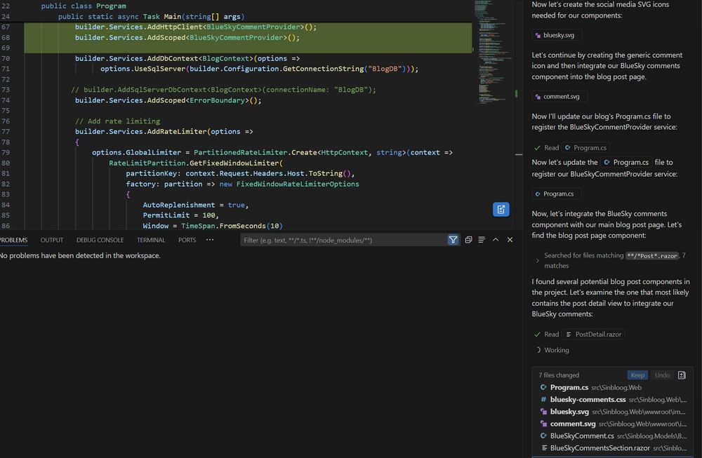 Image showing GitHub Copilot Edits in Visual Studio Code iterate over improvements to my blog source code. Notably incorporating BlueSky integration.