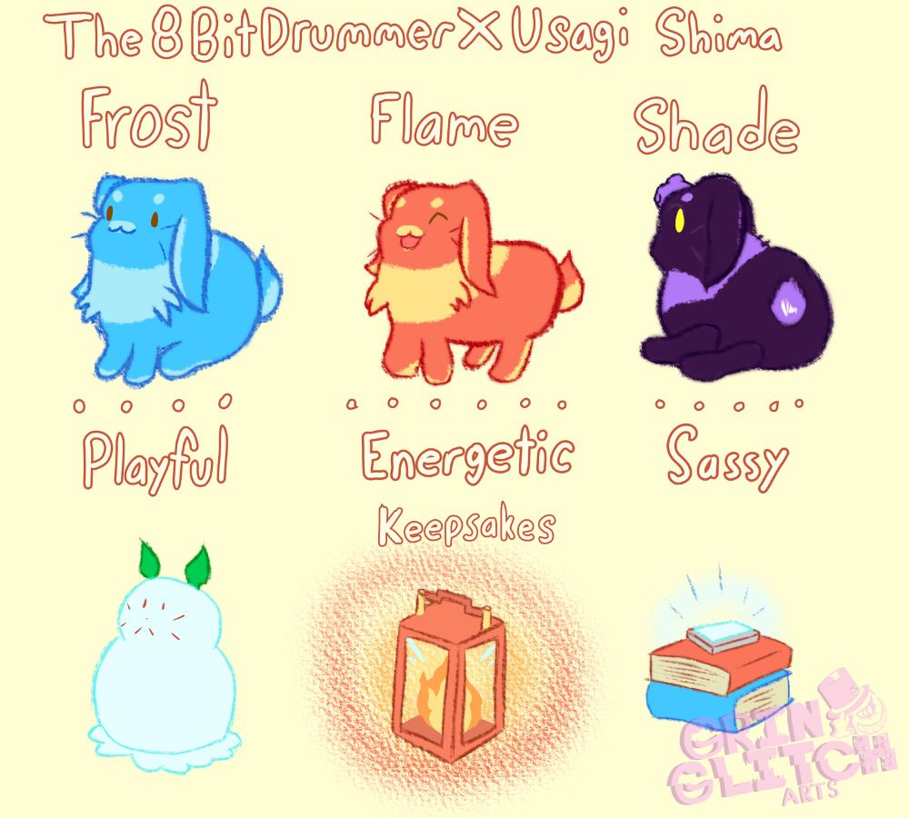 "The 8 Bit Drummer And Usagi Shima" fan art. There are three bunnies lined up. A blue bunny named Frost who is sitting while looking up at the viewer. A red and yellow bunny named Flame who is jumping excitedly. Lastly, there is a purple bunny with their back turned to the viewer staring at them with their yellow eye. Each one has an associated personality and keepsake item. Frost is Playful and has a two tiered snow bunny. The face is made of sticks and the ears are leaves. Flame is Energetic and has a small box lantern with a little flame within. Shade is Sassy and has two books, one red and one blue, with a phone on top. The phone screen is lit up.