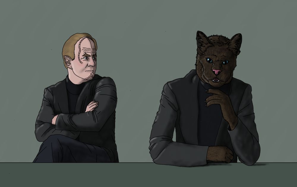 Star Trek:  A dissatisfied Denobulan watches, arms folded, as his superior, a dark brown Caitian, exposits
