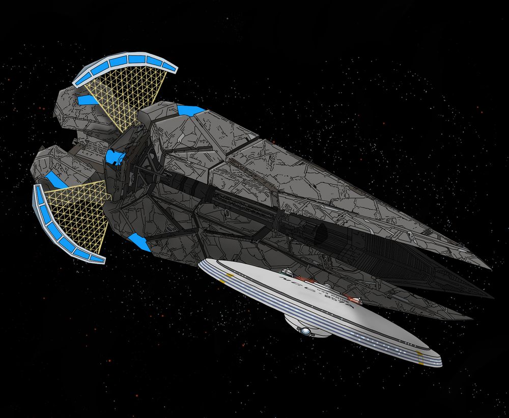 Star Trek:  The USS Pride turns toward the viewer, away from the Tholian Ketakiss