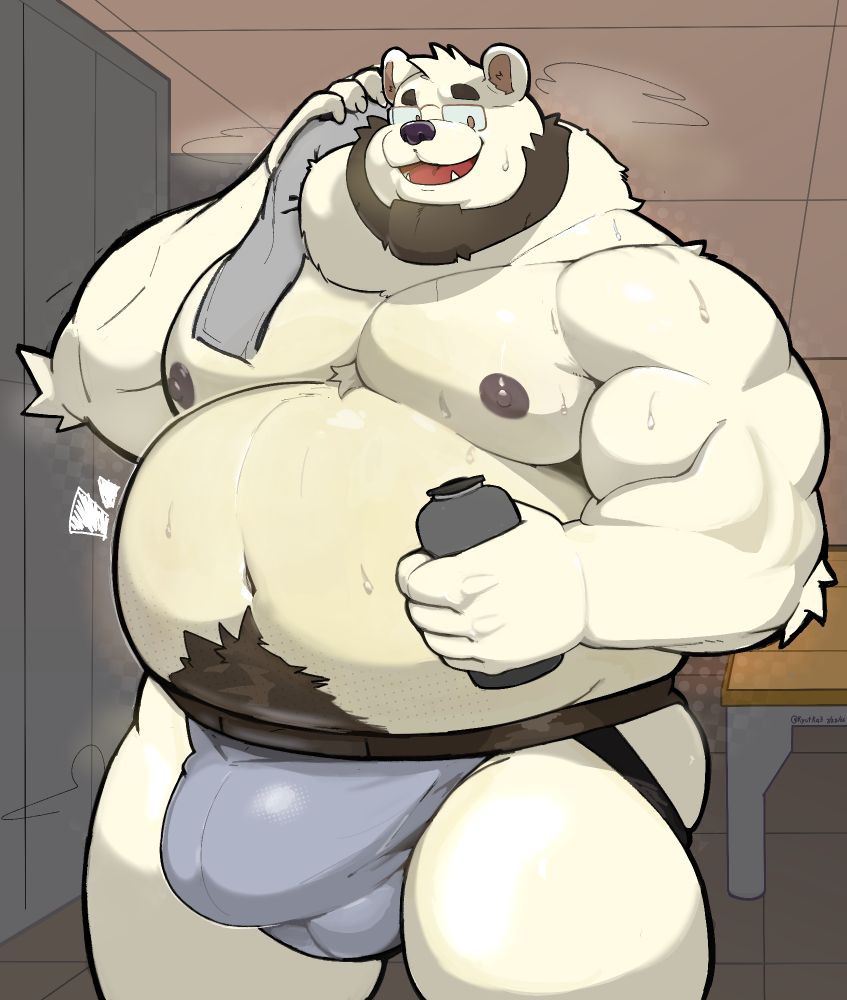 Picture of Yoked, my bear, drying off in the locker rooms after working up a sweat. They are drying off with a towel while holding a water bottle and he's wearing a blue/gray jock strap