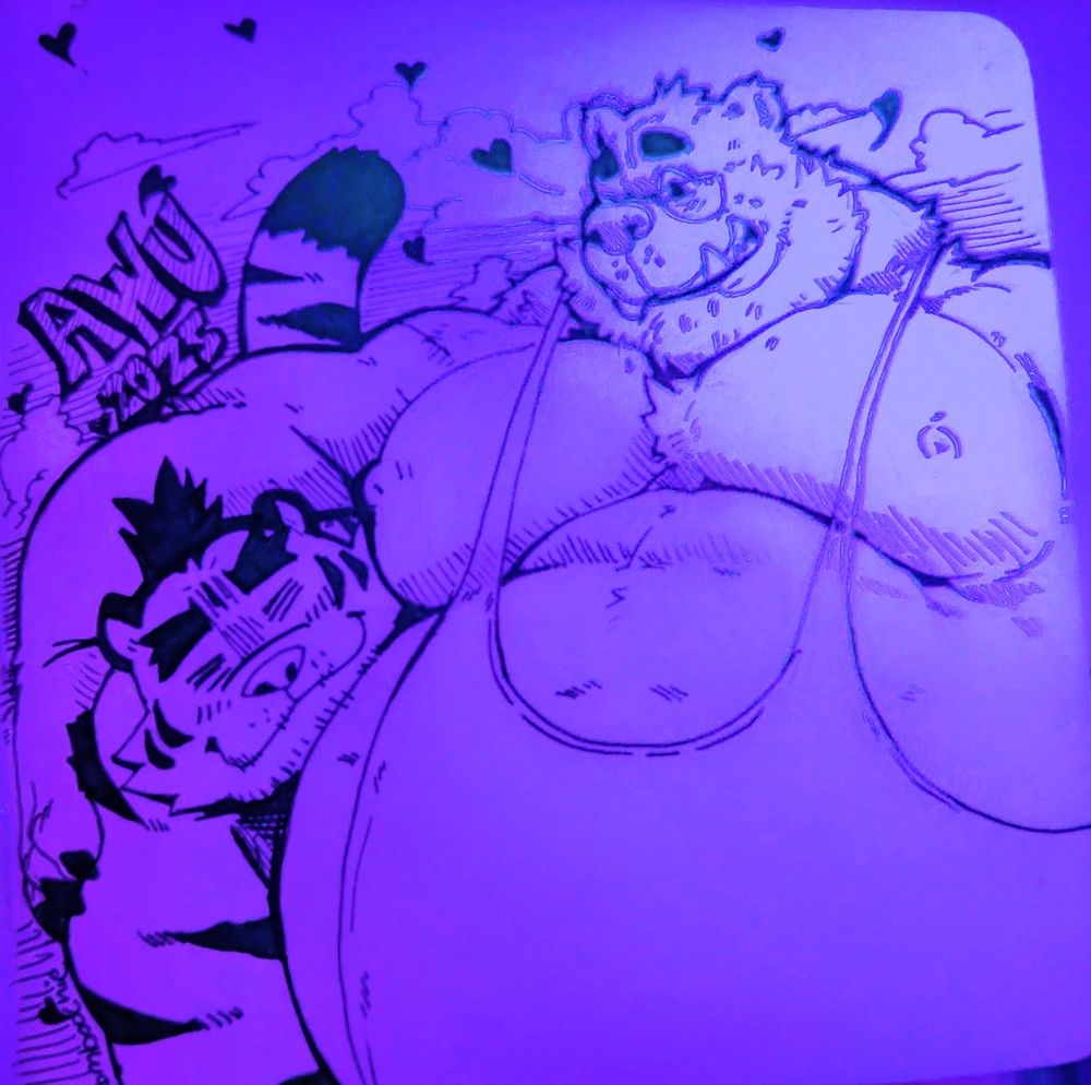 My Kermode bear Yoke in a singlet hugging my close pal/tiger/artist komboochie to a cloudy sky. They drew on my sketch book as a memory for hanging out during AWU!