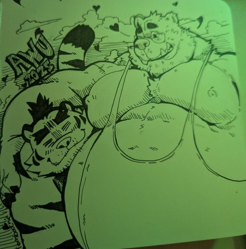 My Kermode bear Yoke in a singlet hugging my close pal/tiger/artist komboochie to a cloudy sky. They drew on my sketch book as a memory for hanging out during AWU!