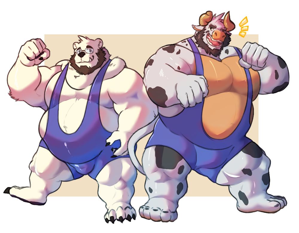 My bear Yoked and my bull Coder, both in their singlets, ready to take on whoever's facing 'em. Both characters are my sonas yet distinct in who they are~