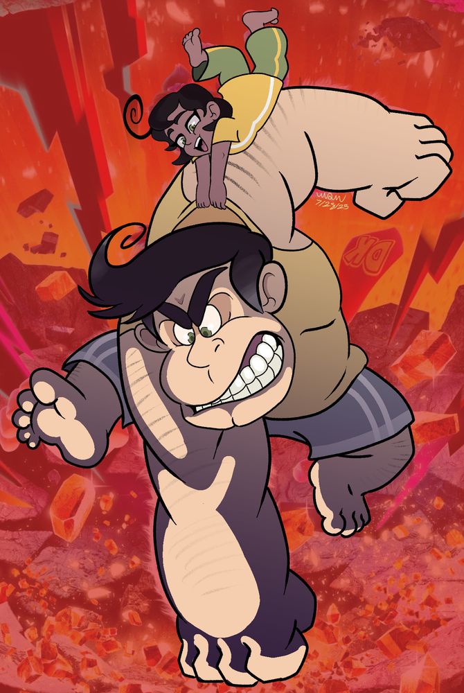 @jamesab's Lionel and Tara Mankai drawn over the cover art of Donkey Kong Bananza, as Donkey Kong and Pauline respectively