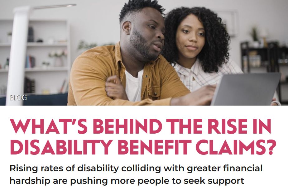 Screengrab from NEF website. Photo shows couple at home looking at laptop. Text reads: What’s behind the rise in disability benefit claims?
Rising rates of disability colliding with greater financial hardship are pushing more people to seek support