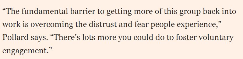 Quote from Tom Pollard: “The fundamental barrier to getting more of this group back into work is overcoming the distrust and fear people experience. There’s lots more you could do to foster voluntary engagement.” 