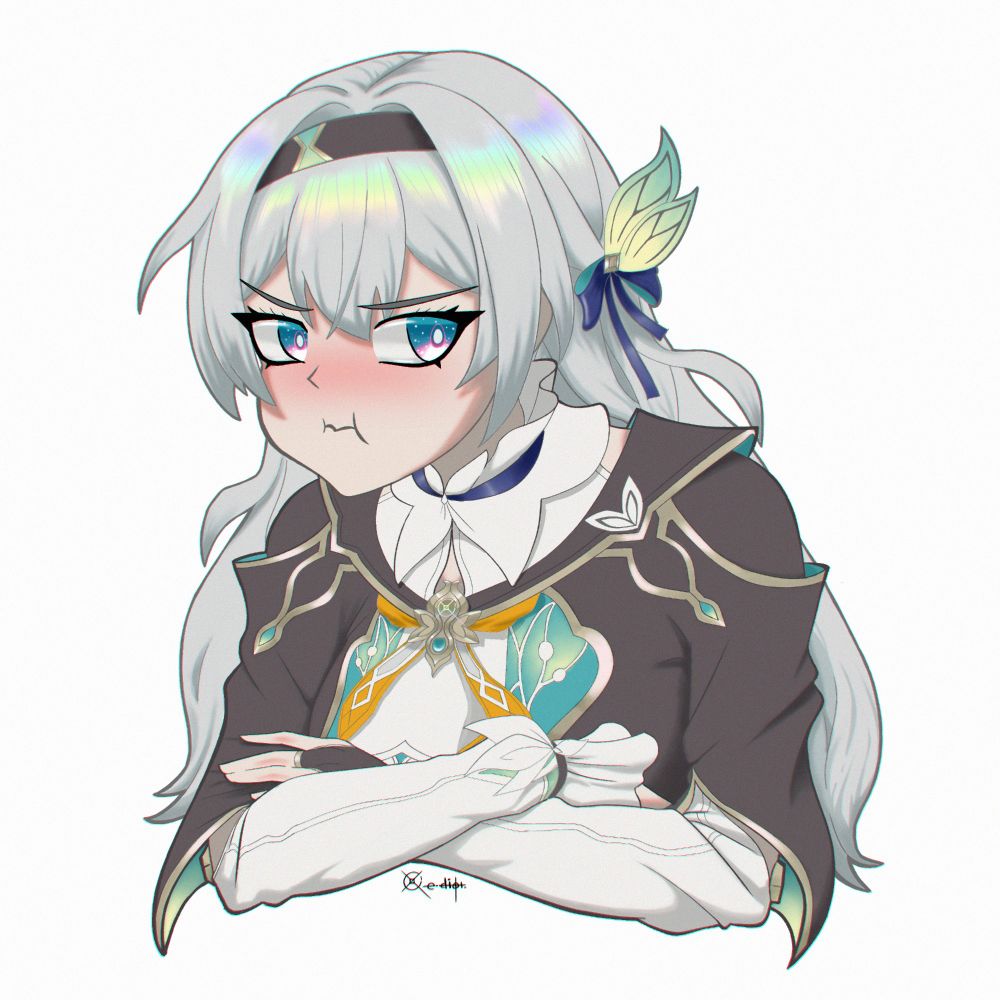 Firefly from Honkai: Star Rail facing to the left side of the frame, crossing her arms, pouting, looking to the right side of the frame, heavily blushing
