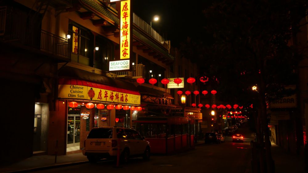 San Francisco's Chinatown. Red lanterns adorned Grant Street in front of a Chinese restaurant called Far East Cafe. 