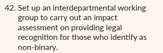 A screenshot from the Irish government's National LGBTIQ+ Inclusion Strategy II Action Plan 2025-2026. The screenshot reads Strategic Objective #42 Set up an interdepartmental working group to carry out an impact assessment on providing legal recognition for those who identify as non-binary.