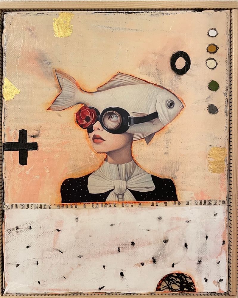 a drawing of a woman with goggles and a fish attached? idk 