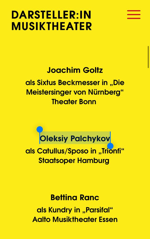 Nominiert für den Faust Theater Preis : Joachim Goltz
als Sixtus Beckmesser in „Die Meistersinger von Nürnberg“
Theater Bonn 

Oleksiy Palchykov
als Catullus/Sposo in „Trionfi“
Staatsoper Hamburg 

Bettina Ranc
als Kundry in „Parsifal“
Aalto Musiktheater Essen