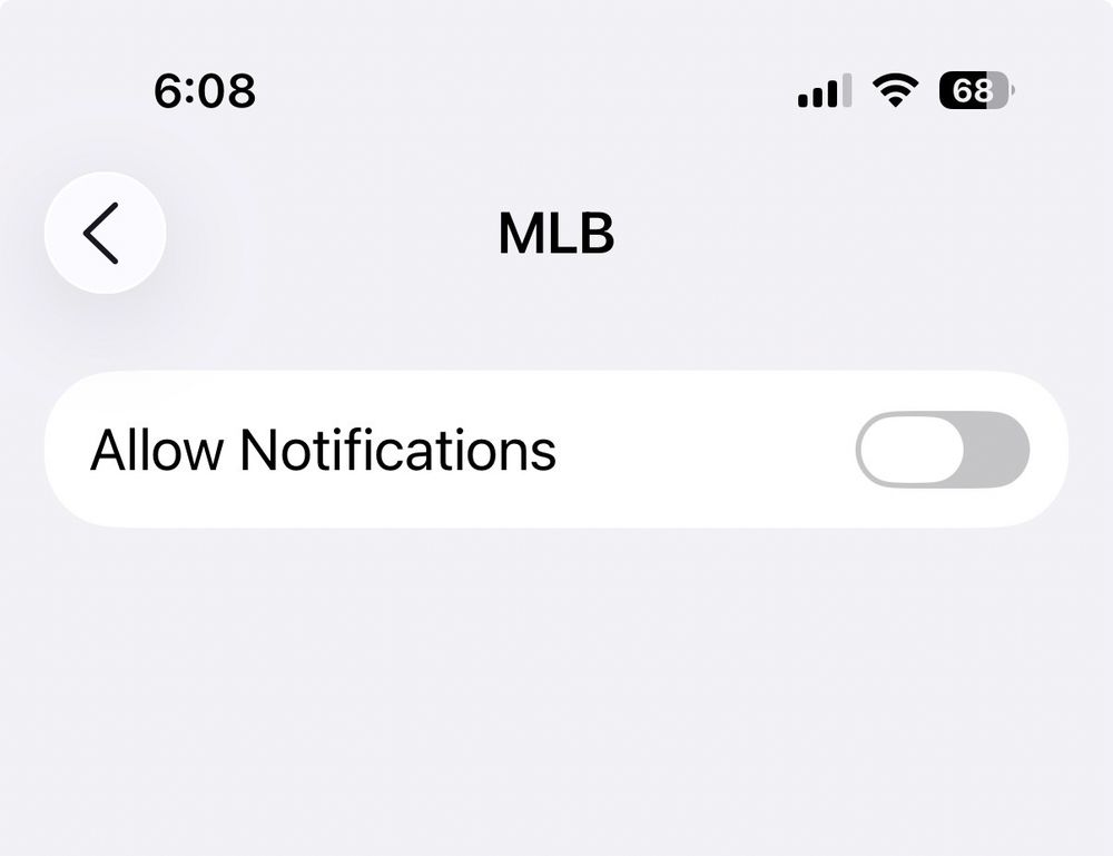 iPhone screen grab of MLB app notifications switched to off 