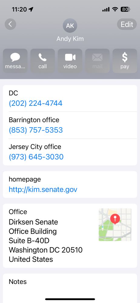Screenshot of contact info for Senator Andy Kim