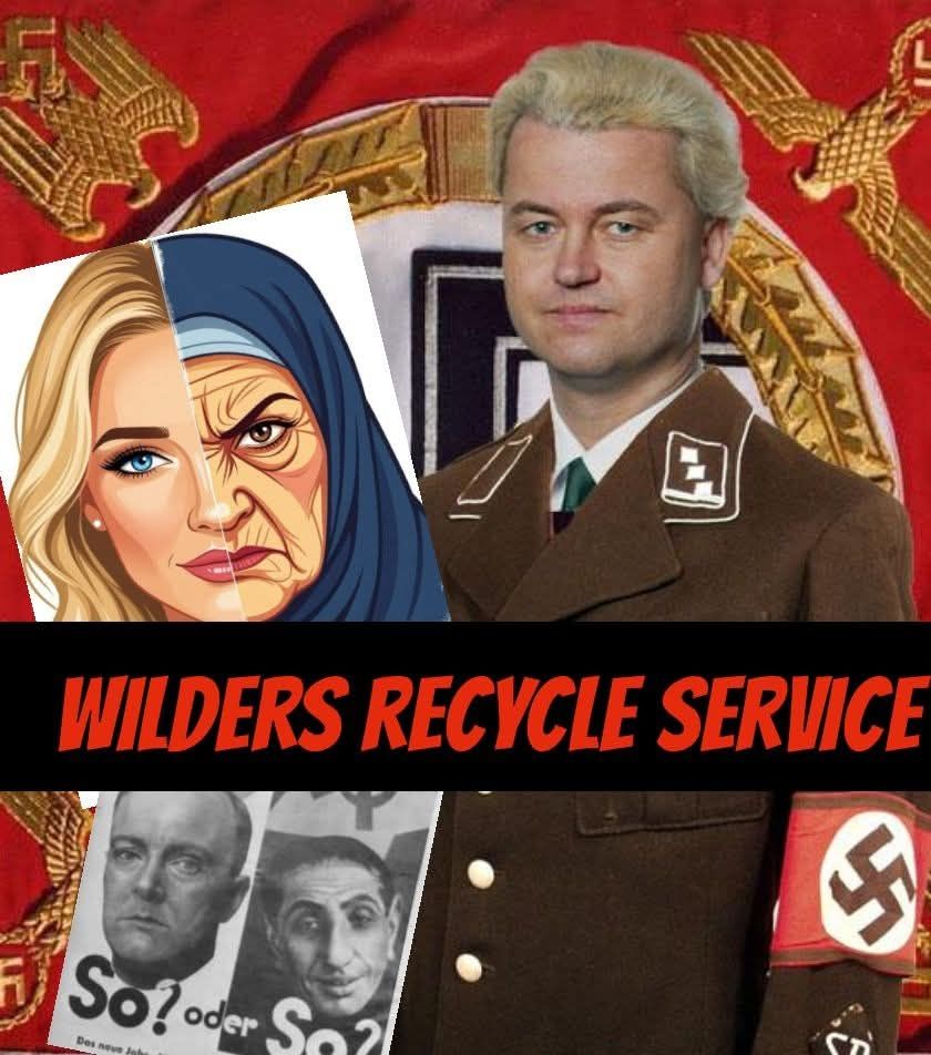 De walgelijke propaganda van Wilders een AI-plaatje van een hoofd bestaande uit links een jonge vriendelijk kijkende blonde jonge vrouw en rechts een boos kijkende oudere vrouw met hoofddoek. Onder links stond pvv onder rechts PvdA. En er bij 'aan u de keuze'

Er onder een zwart witte NSDAP poster met een cartooneske verstandige Duitse burger en een karikatuur van een joods iemand voor een hamer en sikkel vlag. Er onder staat So? oder So?

Wilders staat in een nazi-uniform voor een hakenkruisvaandel.

Midden op het plaatje staat in rode letters op zwarte achtergrond 'Wilders recycle service'.