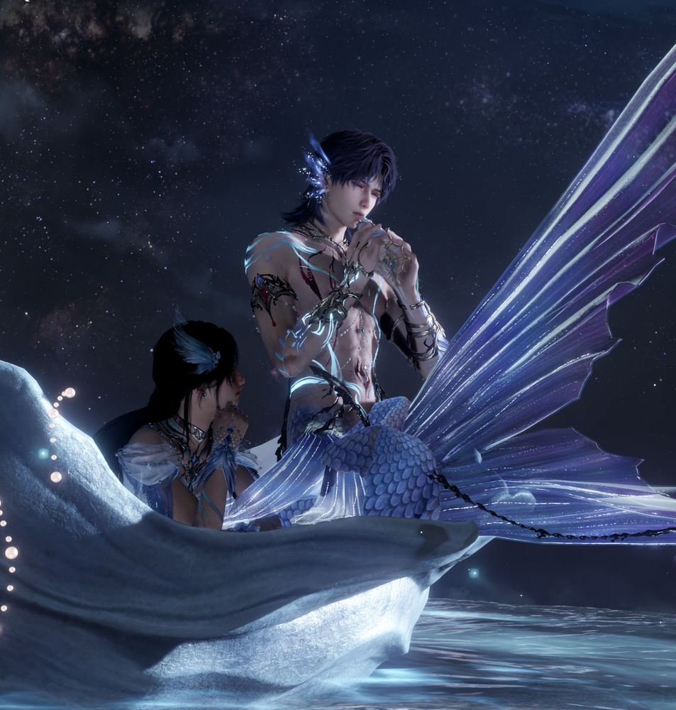 rafayel with his merman tail but the tail is wound up in itself so the fin part of his tail is like right in front of him... sticking straight out
