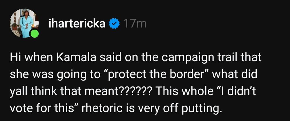 Screenshot of a post from ihartericka:
Hi when Kamala said on the campaign trail that she was going to "protect the border" what did y'all think that meant???? This whole "I didn't vote for this" rhetoric is very off putting.