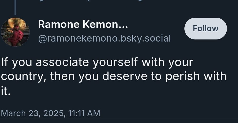 @ramonkemono.bsky.social says:

If you associate yourself with your country, then you deserve to perish with it.

March 23, 2025