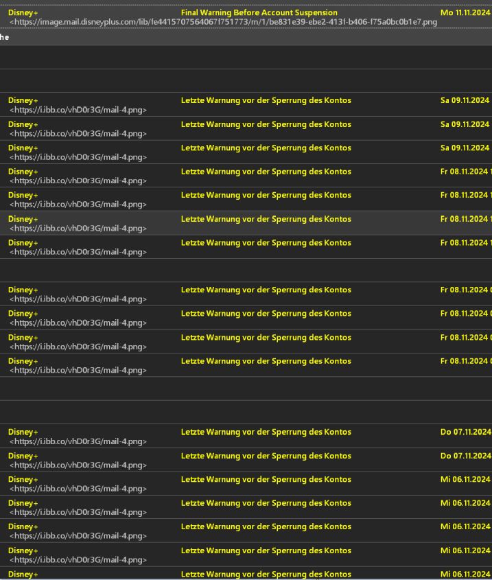 Mehrere Dutzend Mails innerhalb von nur 4 Tagen, alle mit dem selben Titel "Letzte Wornung vor der Sperrung des Kontos", Absender angeblich Disney+.