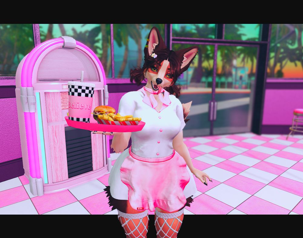 image shows a cute furry anthro cardigan welsh corgi dog girl dressed up in a pink and white waitress outfit carrying a tray of food inside a pink and white retro themed diner at palmwood city.