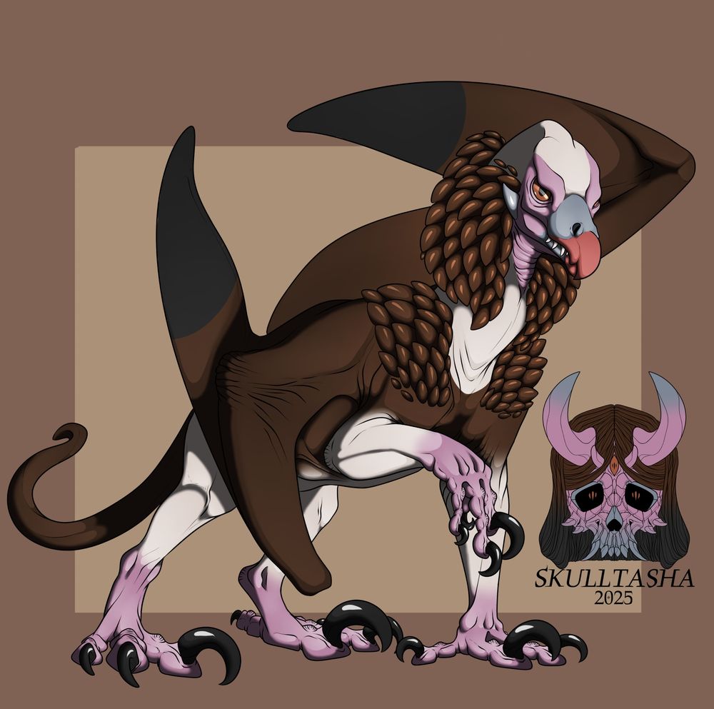 A dragon inspired by a white-headed Vulture, it is facing to the left the majority of its body is brown with black tipped wings, it has creamish white legs, neck and head with a pink and blue face and also pink feet with black claws. it has spikes that look similar to a pine cone over its shoulders and on its neck  