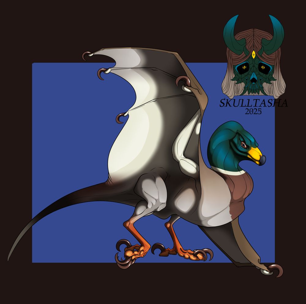 A wyvern with the markings of a male mallard duck. it is facing the right.