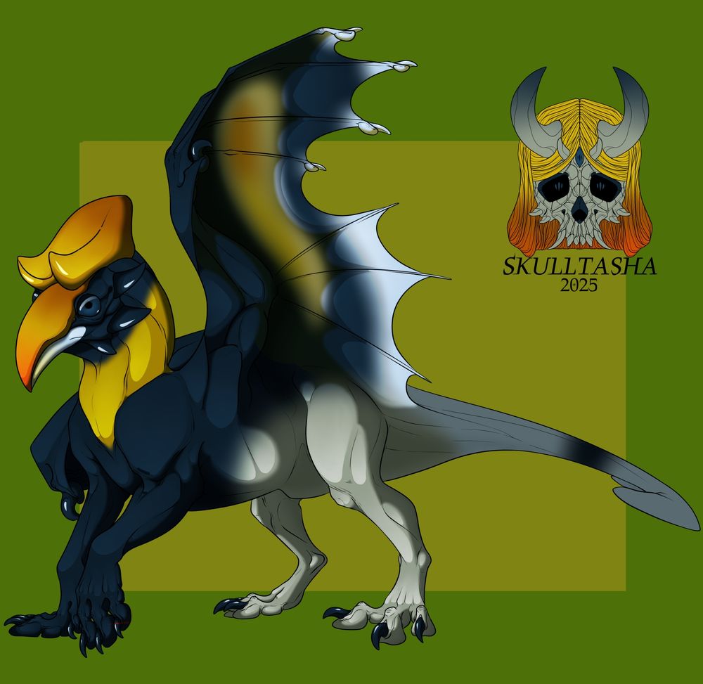A European dragon with the horns bill and markings of a great hornbill, it is facing the left