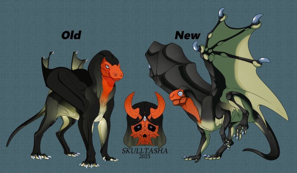 A small Dragon the size of a cat The dragon on the left is the old design with a simple pose, Hippo like head and Sphinx cat like body complete with loose skin and wrinkles. 

To the Right is its new design, More playful and friendly looking it has a shot squished face, Large eyes and exited hopping style pose to hint at high energy levels. 