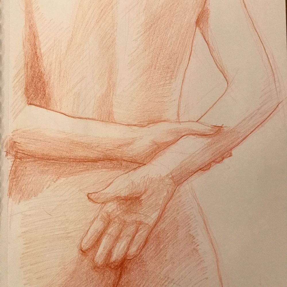 A life drawing in red pencil of arms and lower back of a nude model