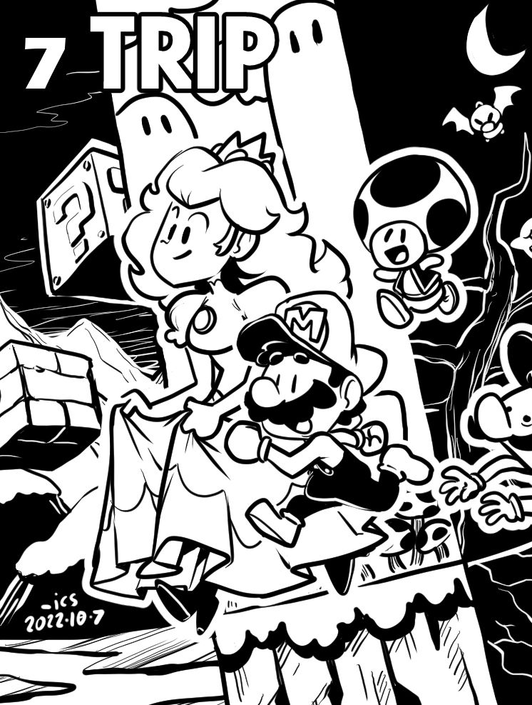 Mario, Peach, Toad, and Luigi run through a collage of lands.